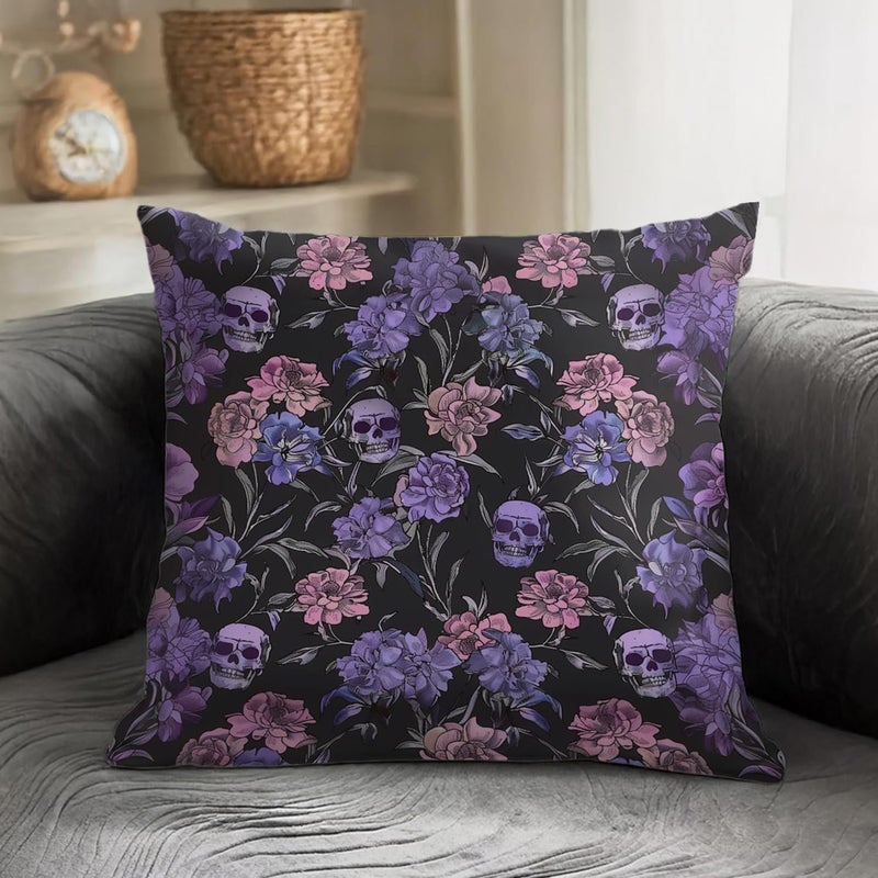 RBAFAO Gothic Floral Throw Pillow Cover, Darkly Elegant Floral Decorative Pillow Spooky Tiki Skull Flower Motif, Witchy Art Deco Pillowcase Cushion Cover for Bed Sofa Living Room (Purple, 18x18inches) - Image 3